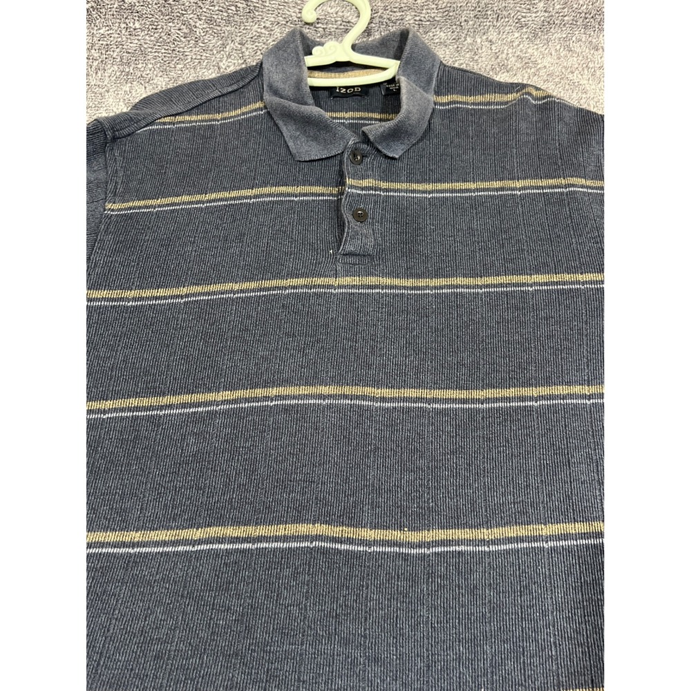 Izod Mens Long Sleeve Polo Shirt Large Gray Striped Ribbed Cotton Casual Top